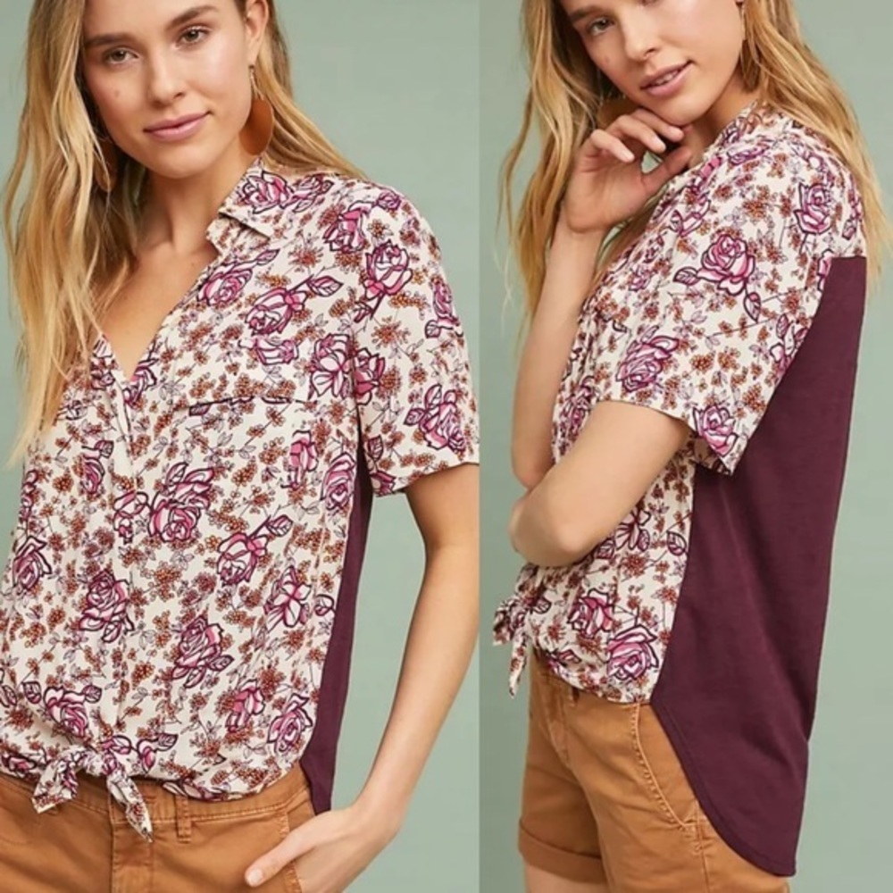 NWT Porridge Bergen Buttondown Top Anthropologie Wine Floral